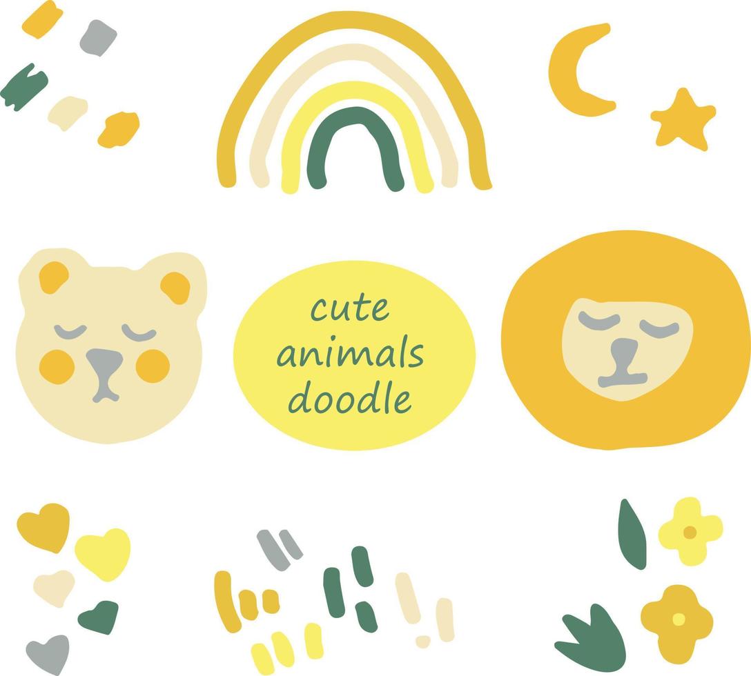 cute bear and lion, boho rainbow, hearts and dashes doodle elements set in trending color 2021.  hand drawn minimalism simple. icon, sticker, decor. gray, gold, yellow, green. child vector