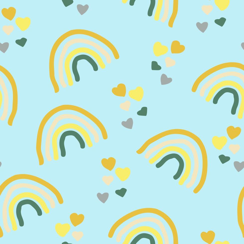 cute boho rainbow and hearts doodle seamless pattern in trending color 2021. hand drawn minimalism simple. wallpaper, textiles, wrapping paper, decor. gray, gold, yellow, green, blue. baby vector