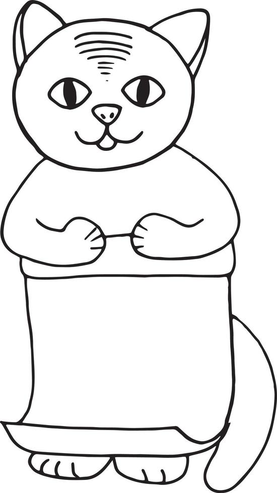 cute cat with sheet of paper hand drawn doodle icon, scandinavian, monochrome, copy space, coloring book, place for text. card, sticker poster vector