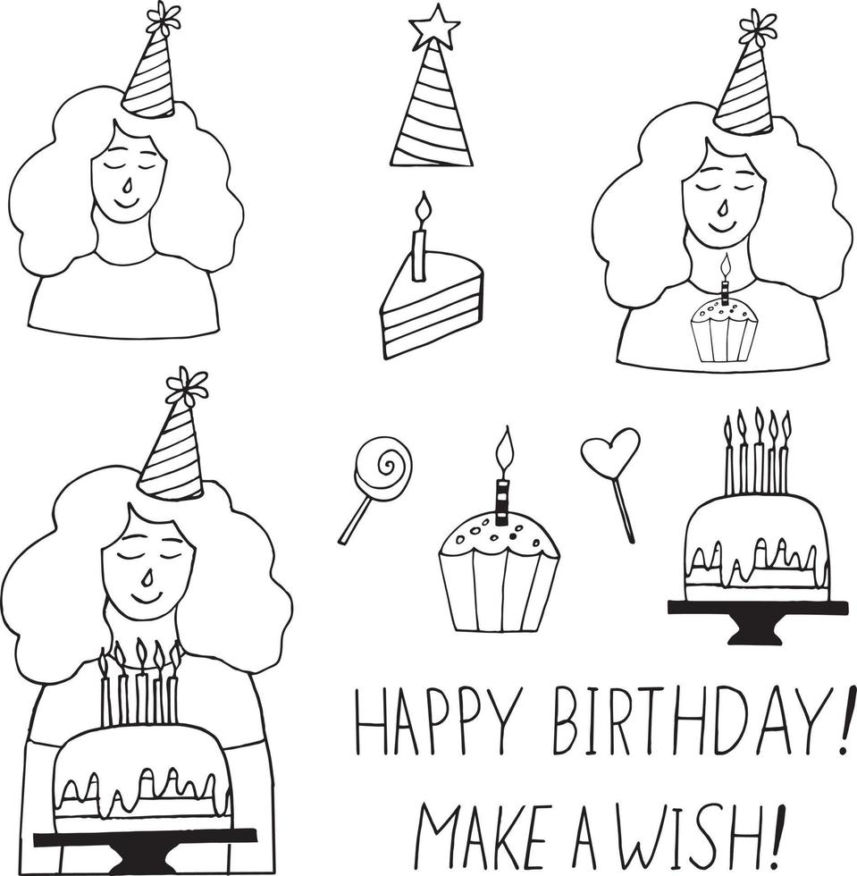 mujer joven con un sombrero de fiesta, pastel con velas encendidas, cupcake, letras para pedir un deseo, feliz cumpleaños. establecer icono dibujado a mano. colección de tarjetas, pegatinas, decoración. monocromo. minimalismo vector