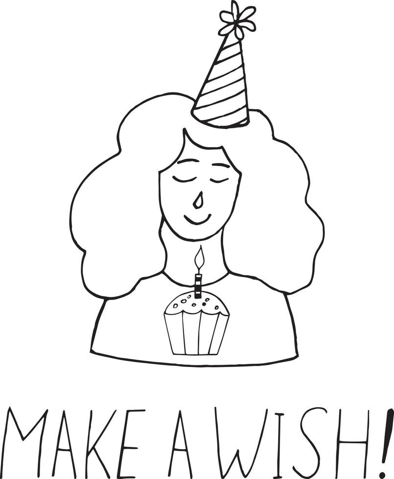 young woman in a party hat and lettering make a wish. greeting card template. birthday. hand drawn icon. template for card. monochrome. minimalism vector