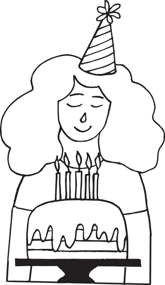 young woman in a party cap with a cake with burning candles. make a wish on your birthday. hand drawn icon. template for card. monochrome. minimalism vector