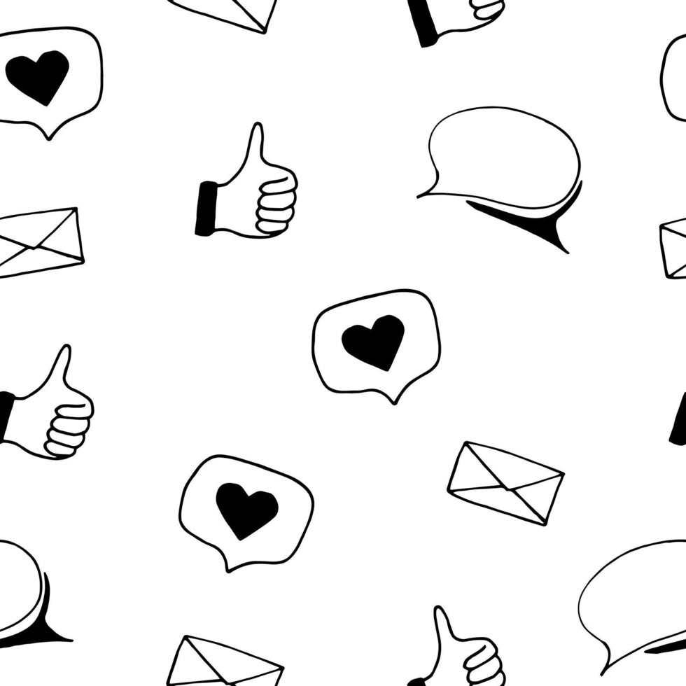 social media seamless pattern. hand drawn doodle style.  minimalism, monochrome, sketch. wallpaper, textile, wrapping paper, background. like, heart thumbs up envelope speech cloud communication vector