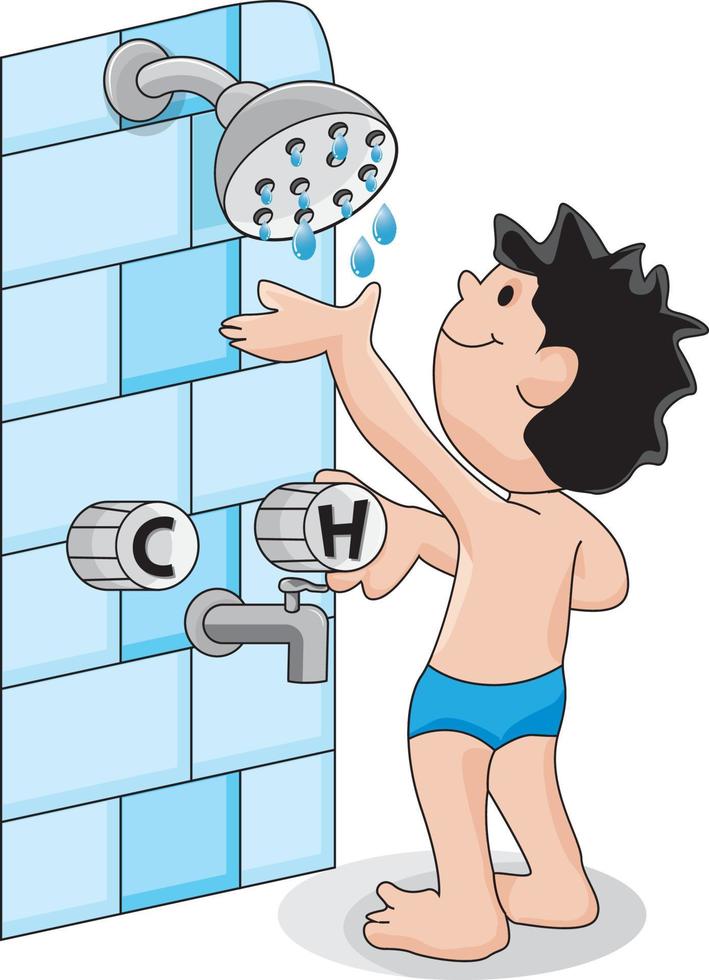 cute boy checking water by shower in bathroom vector