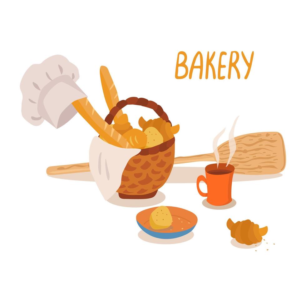 Ilustración de productos de panadería. Cesta de mimbre llena de pan fresco y croissants, gorro de cocinero, taza de té linda, pala de madera sobre fondo blanco. vector