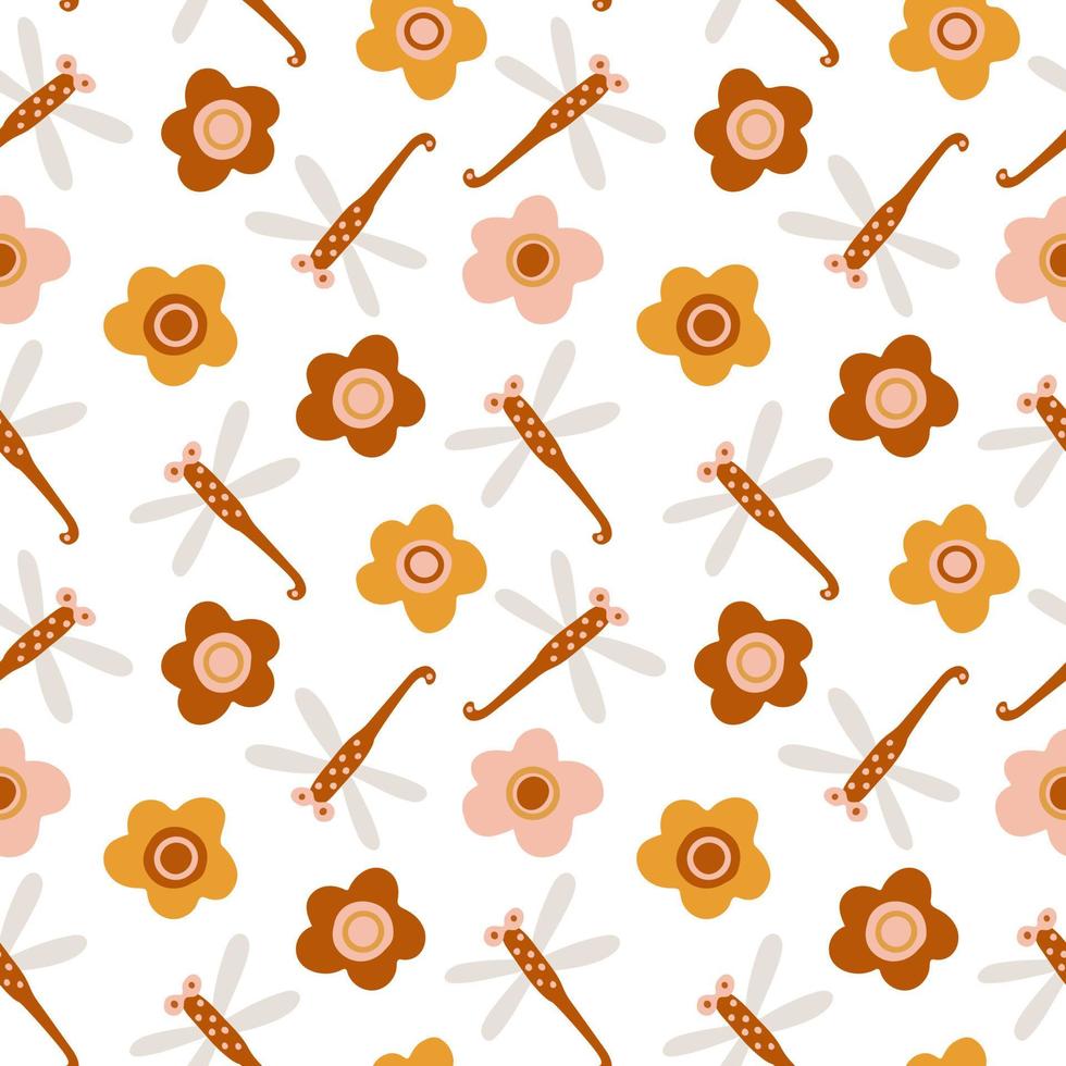 Seamless pattern with boho colors dragonflies and flowers on white. Perfect decoration for kids playroom and bedroom, wallpapers, fabrics. Muted trendy colors. Wrapping papers, covers, textile. vector