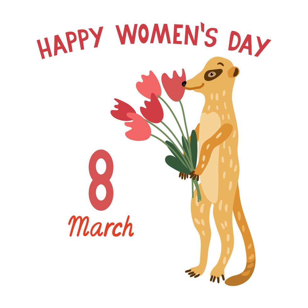 Happy women's day. Lettering with an adorable meerkat holding red tulips. 8 March greeting card. Social media square format. Illustration isolated on white background. vector