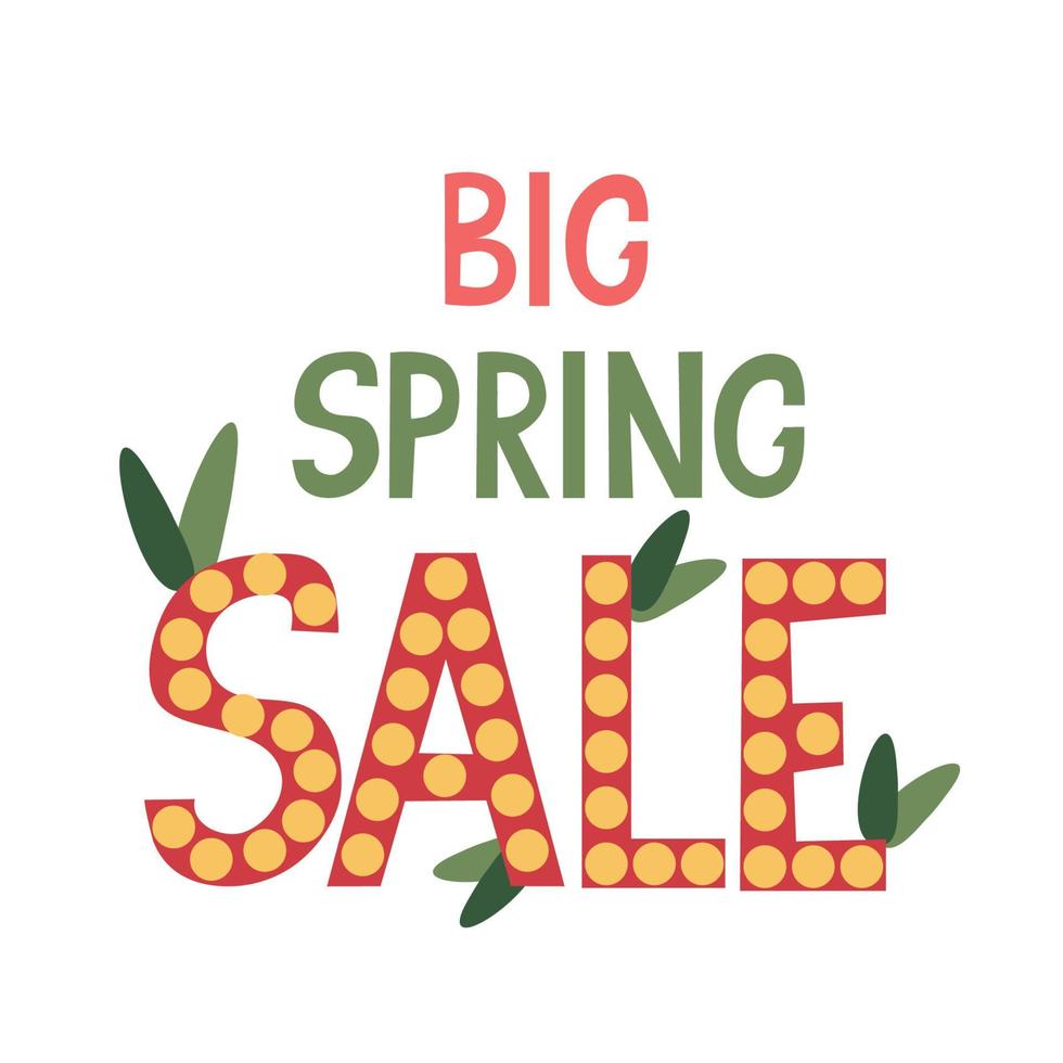 Big spring sale lettering with green leaves and abstract mimosa flowers. Flyer for shops. Social media square format. Illustration isolated on white background. vector