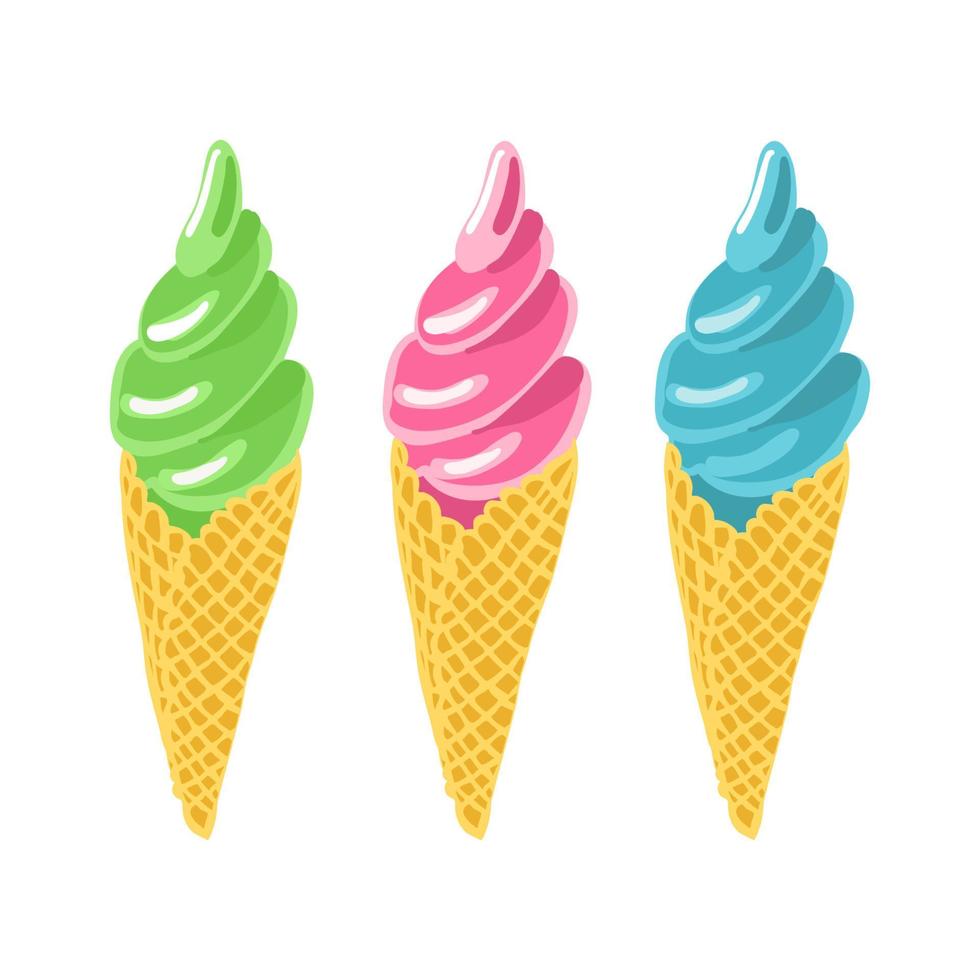 et of soft ice cream in waffle cones. Green, pink, blue colors. Hand drawn  illustration isolated on white background vector