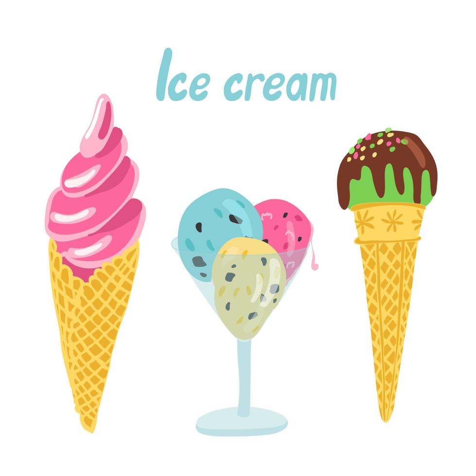 Set of ice cream in waffle cones and in a glass cup. Decorated with chocolate glaze. Green, pink, yellow and mint colors. Hand drawn  illustration and lettering isolated on white background. vector