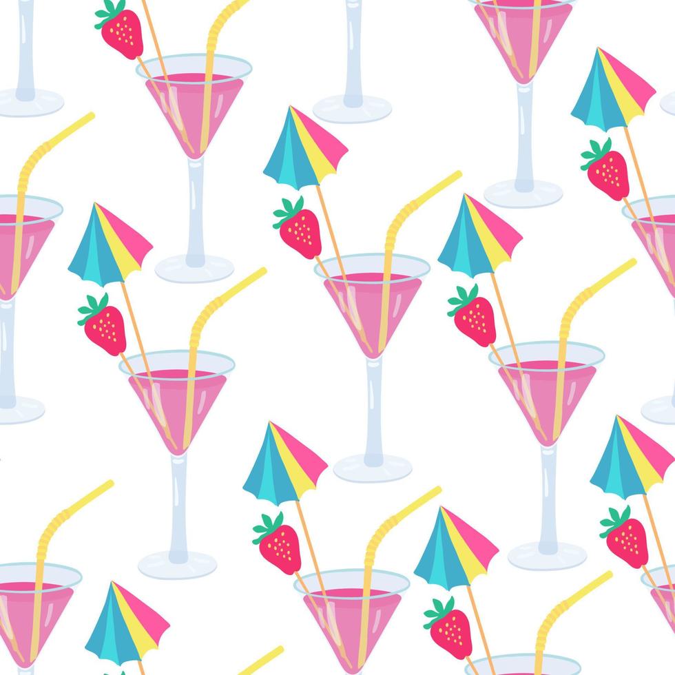 Seamless pattern with cocktails decorated with strawberries and colorful umbrellas. Great for fabrics, wrapping papers, covers. Hand drawn illustration on white background. vector