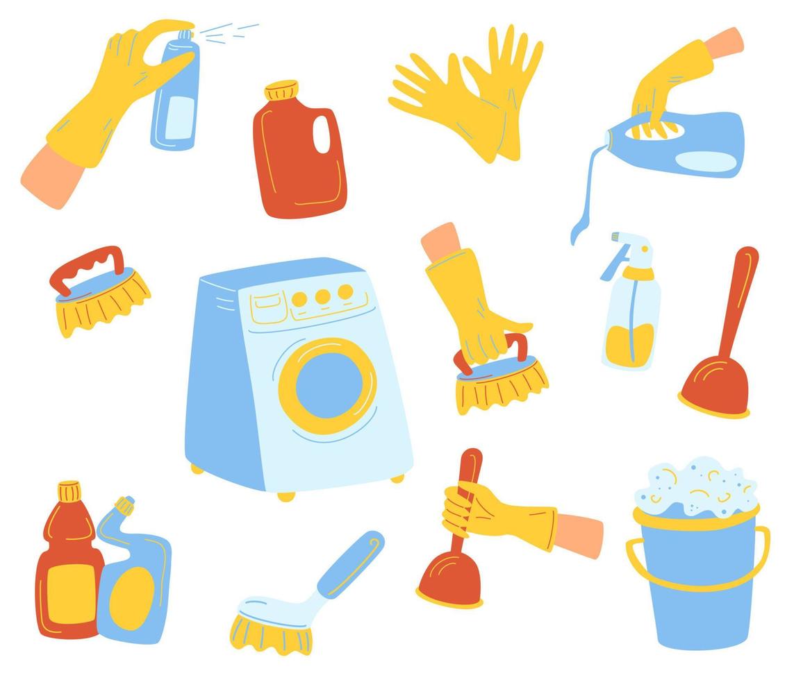 Various Cleaning items. Washing machine, mops, brushes, gloves. Set of various Hand drawn home cleaning products. Laundry, Housework concept. Cartoon modern vector illustration.