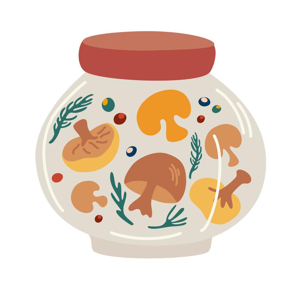 tarro de champiñones en escabeche. verduras fermentadas. Verduras marinadas en lata, producción casera repleta de probióticos. Producto organico. machaca los champiñones con sal. Dibujar a mano ilustración vectorial. vector