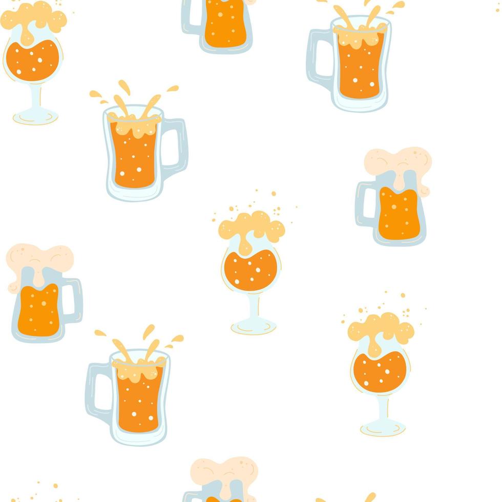 Beer mugs seamless pattern. Glass tankards of frothy beer. Design for menu, advertising and banners for wallpaper, textures. Oktoberfest. Hand draw vector illustration.