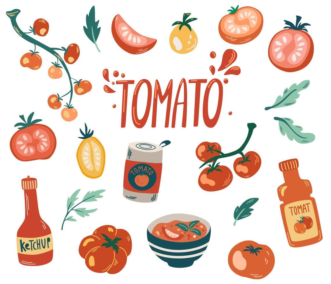 Tomatoes set. Cherry tomatoes, Branch, half and slice and slice tomatoes. Ketchup bottle, chilli, tomato sauce and soup. Vegetables. Healthy food. Hand draw vector illustration.