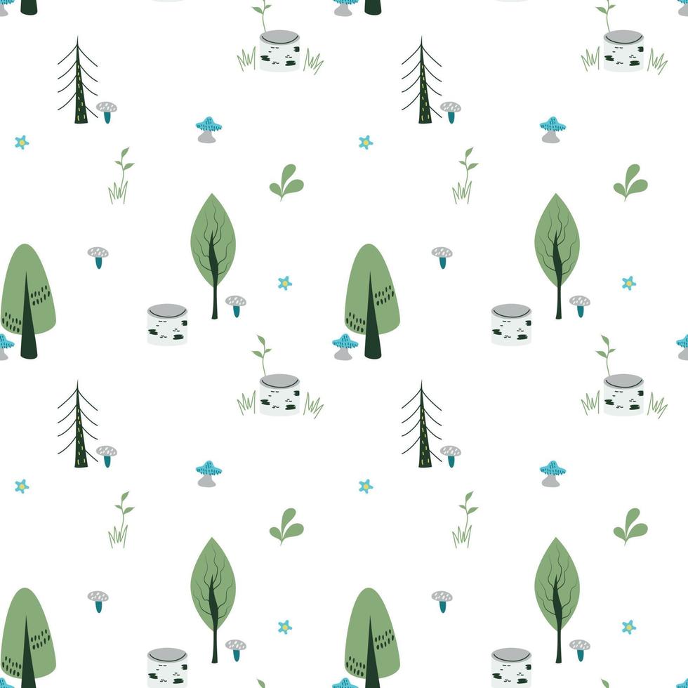 Vector cartoon seamless pattern with trees and mushrooms. Good for childish design.