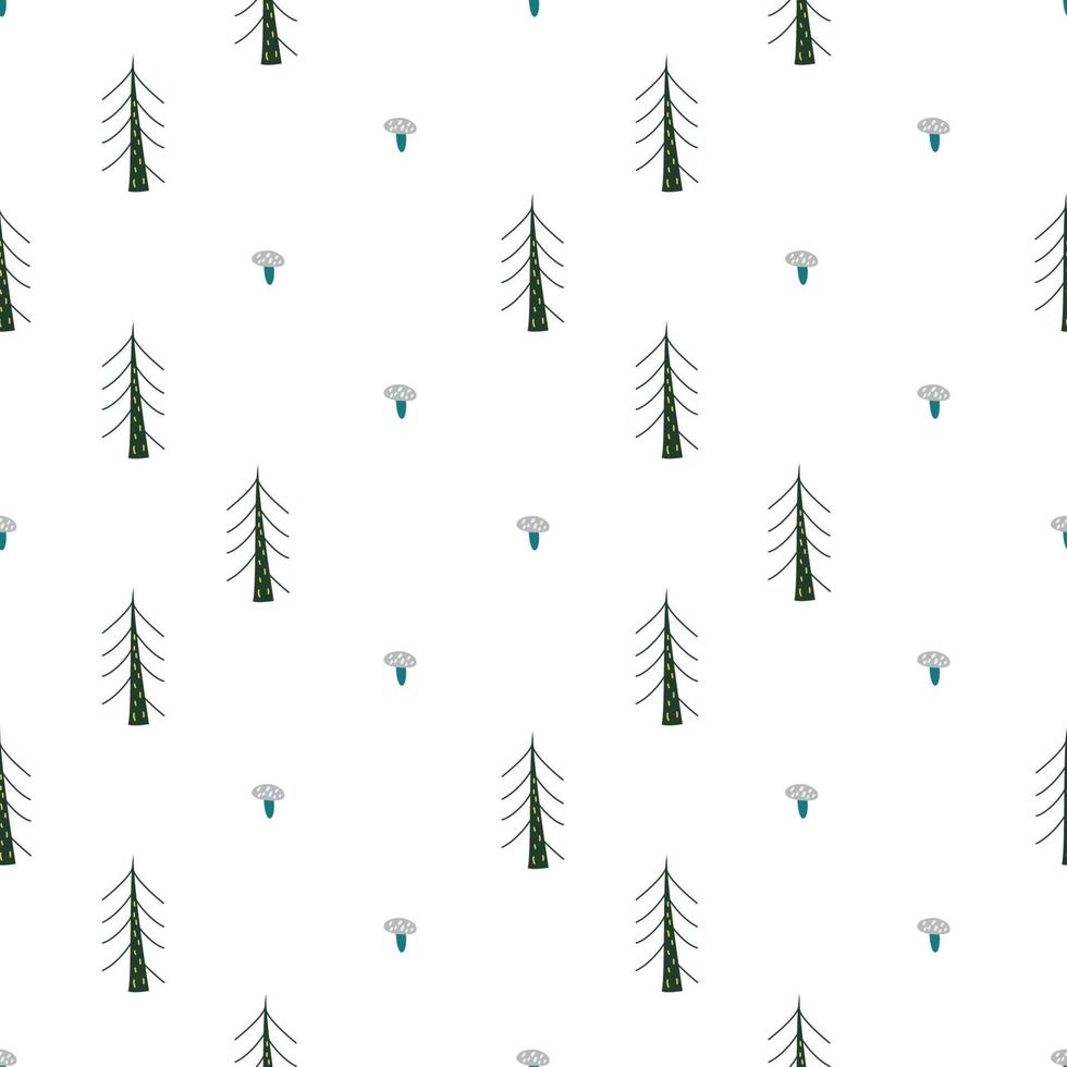 Vector cartoon seamless pattern with pines and mushrooms. Good for childish design.