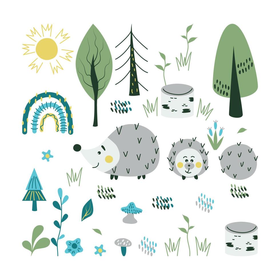 Vector cartoon cute set with trees, hedgehogs, mushrooms and so on. Good for childish design.