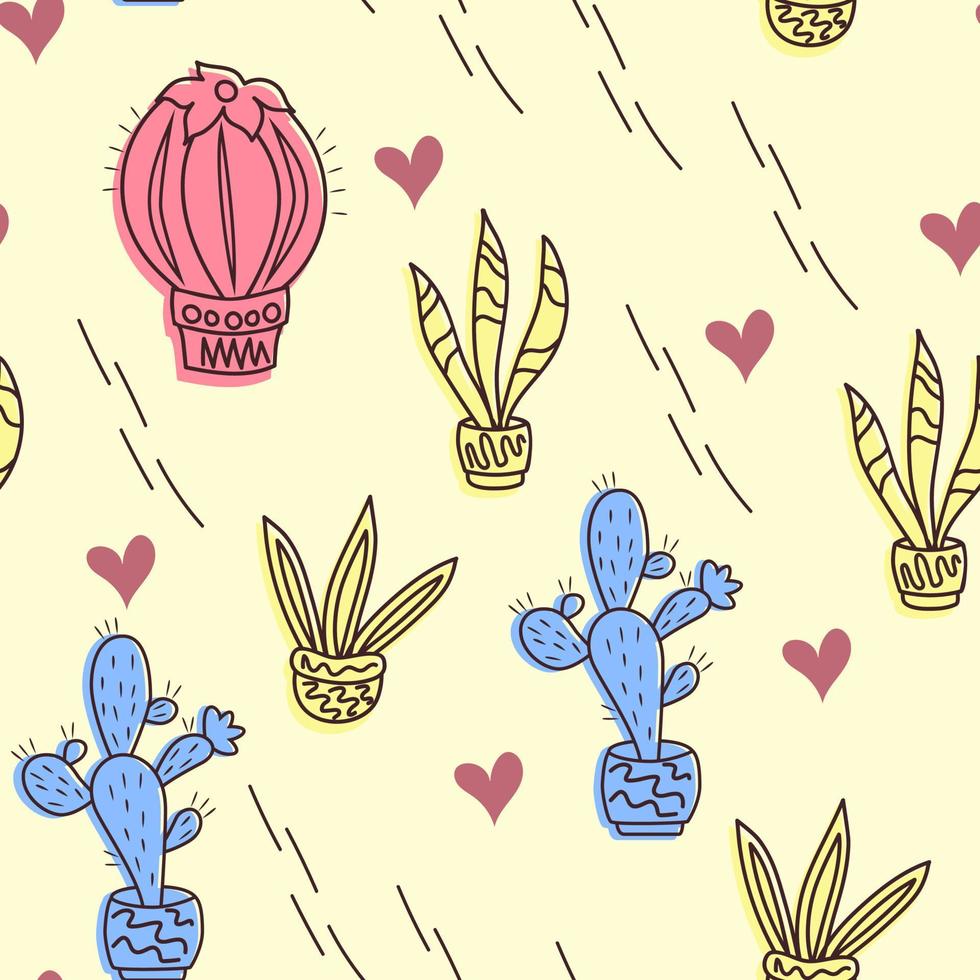 Seamless pattern with cacti and hearts. For childish clothes, surface design. Vector illustration.