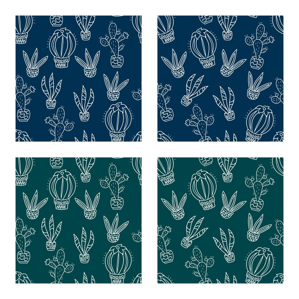 Collection of seamless patterns with cacti. Blue and green background. Good for childish clothes, surface design. Vector illustration.