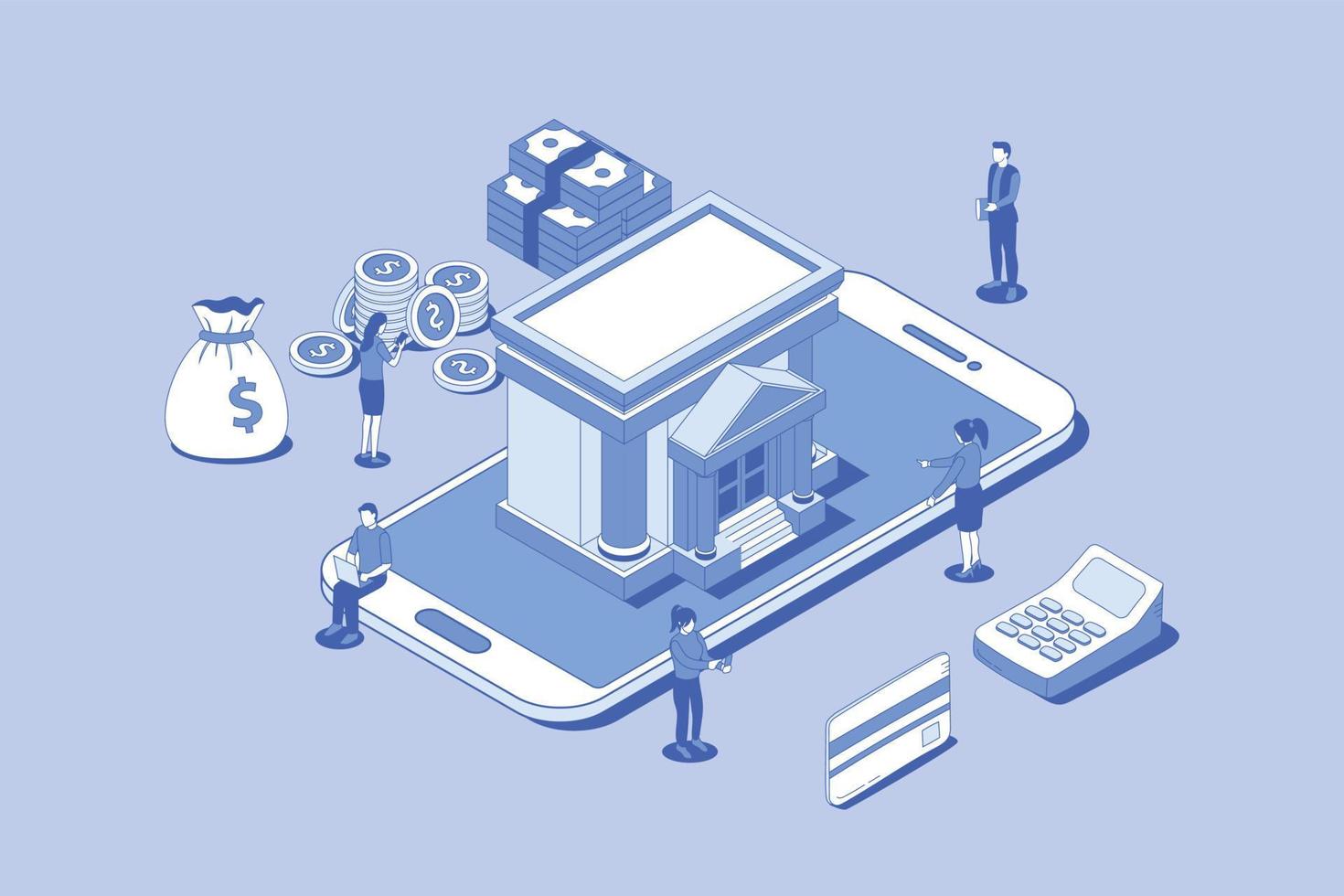 online banking or digital bank concept with money people and banks building with outline isometric style vector
