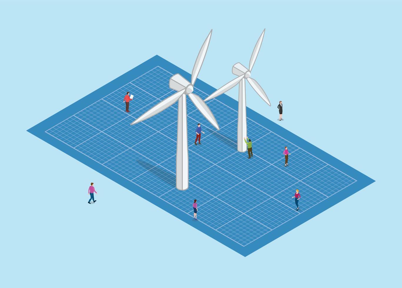 wind turbine energy technology concept blueprint or blue print development with people analysis vector