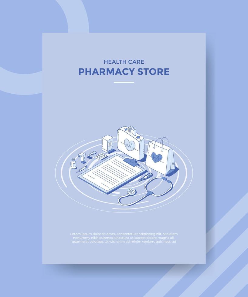 pharmacy store concept for template banner and flyer with isometric outline style vector