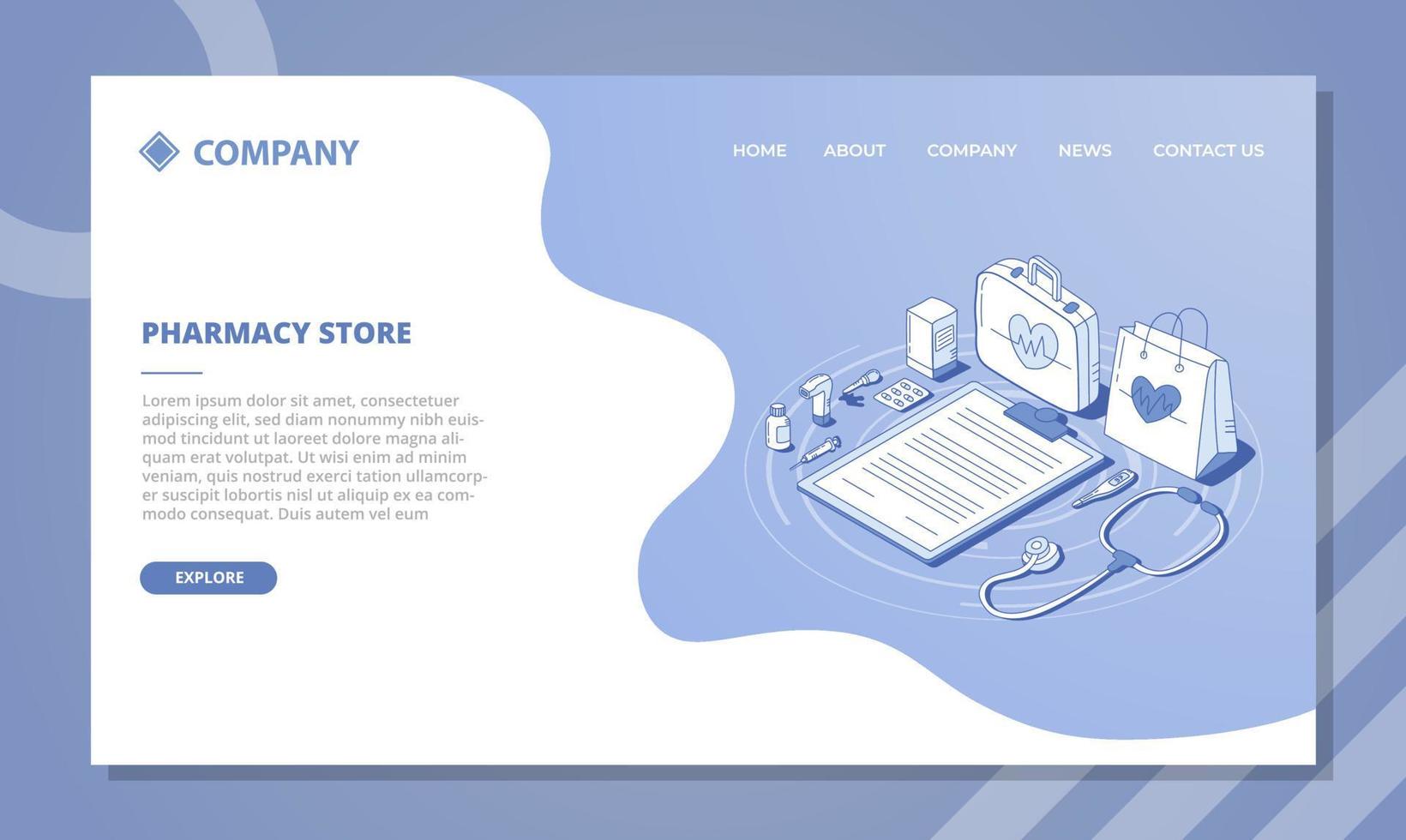 pharmacy store concept for website template or landing homepage with isometric and outline style vector