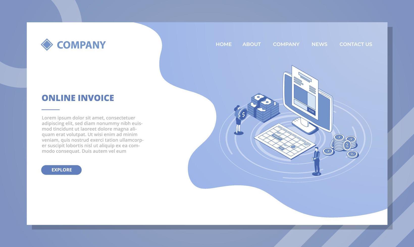 business online invoice concept for website template or landing homepage with isometric and outline style vector