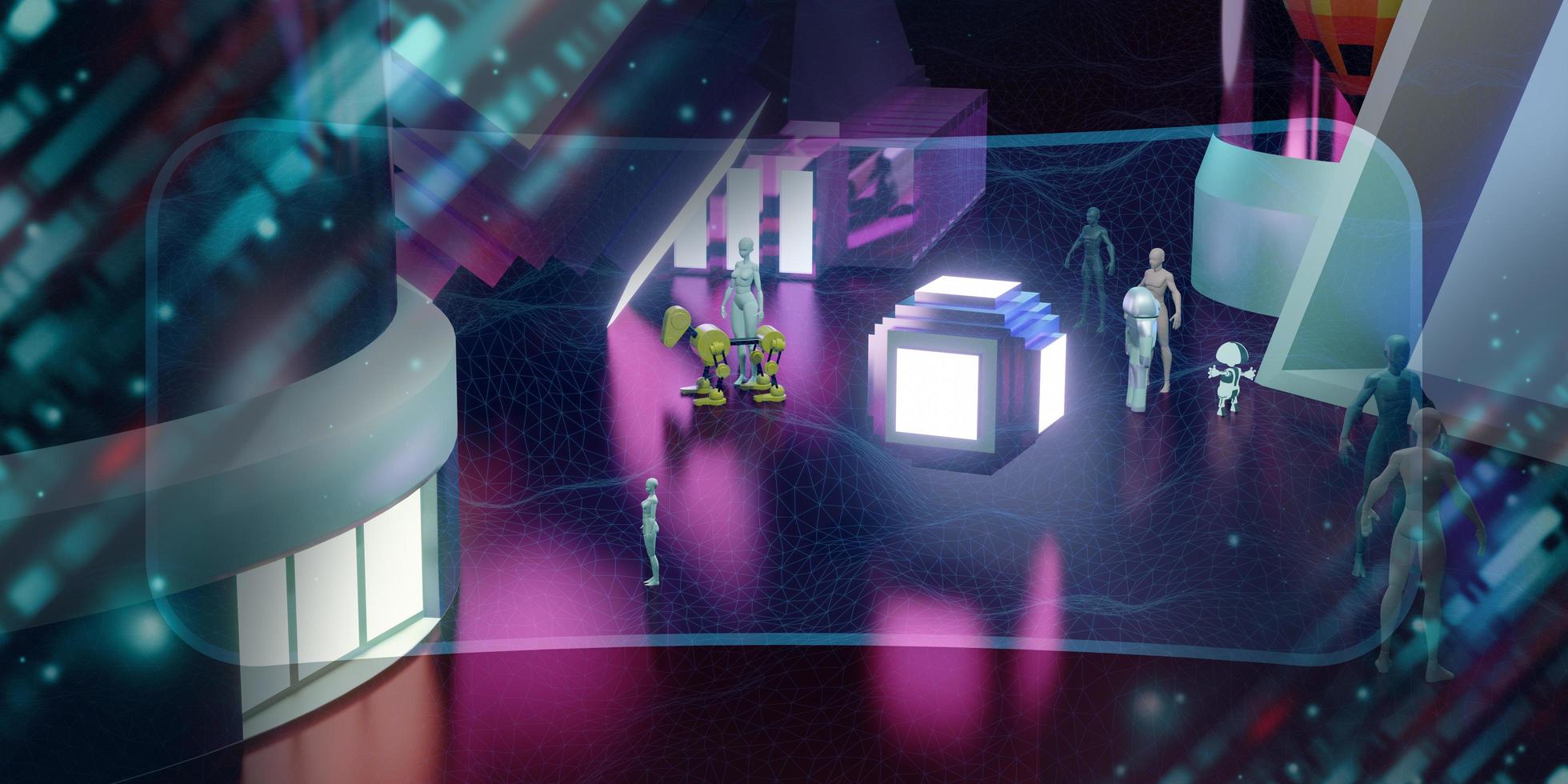 Metaverse world virtual world through vr glasses and VR camera see the city and people in the simulated world photo