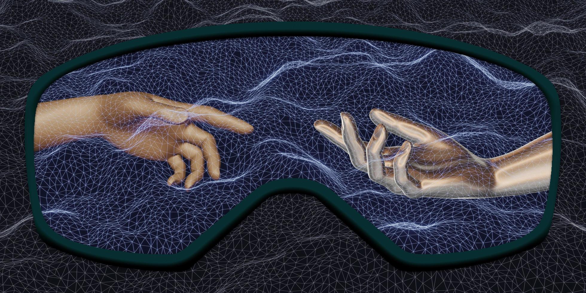 Image of hands reaching for each other through the Metaverse concept VR glasses. virtual world photo
