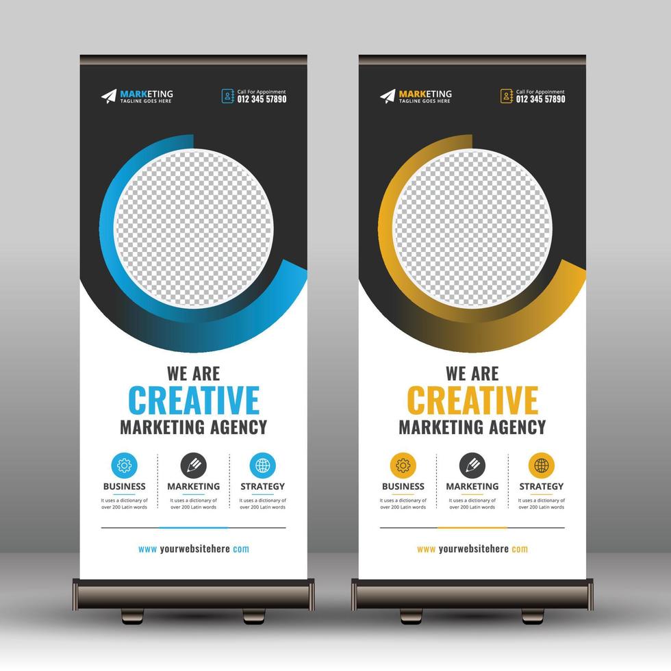 Diseño creativo de plantilla de standeee de señalización de banner enrollable de negocio corporativo amarillo azul para oficina, empresa, anuncios de marketing y uso multipropósito vector