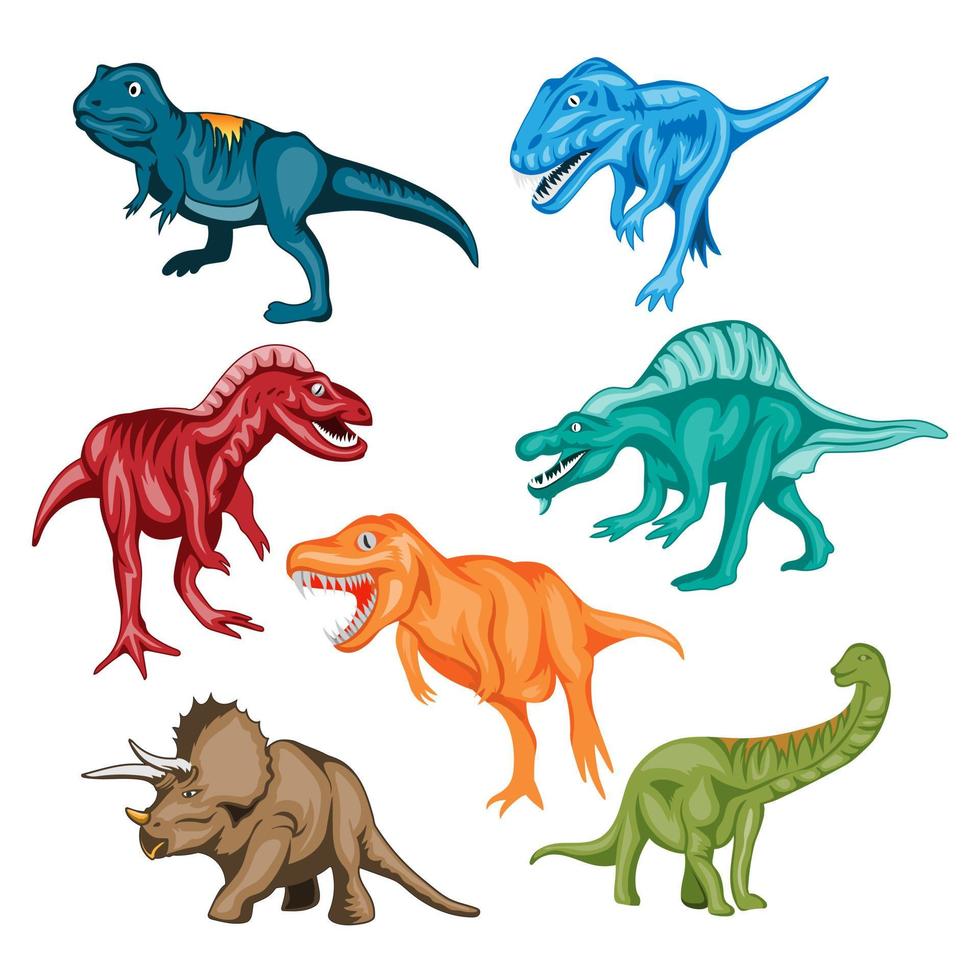 conjunto de imágenes prediseñadas de dinosaurios de colores lindos. t-rex, diplodocus, triceratops, pterodactel. ilustración vectorial en estilo de dibujos animados vector