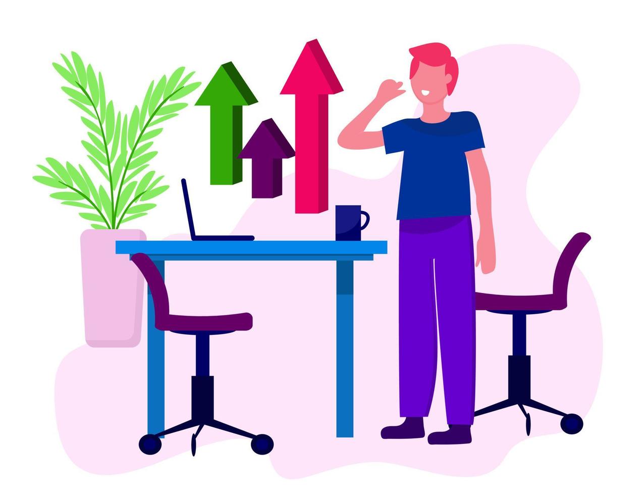 Character a person in the office at work Brainstorming The birth of an idea Creative process Analytics Marketing Strategy of the winner Vector illustration