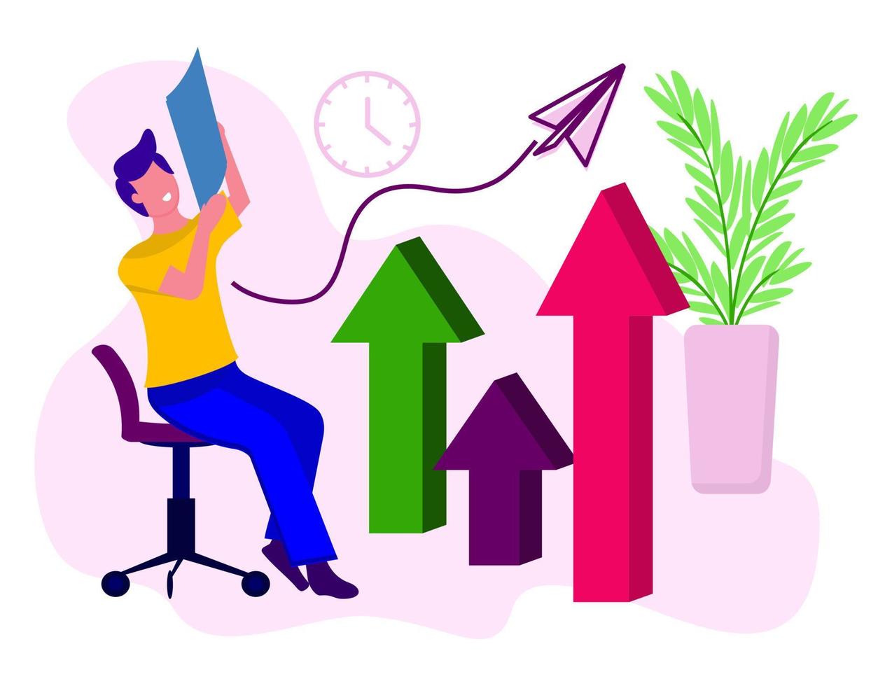 Character a person in the office at work Brainstorming The birth of an idea Creative process Analytics Marketing Strategy of the winner Vector illustration