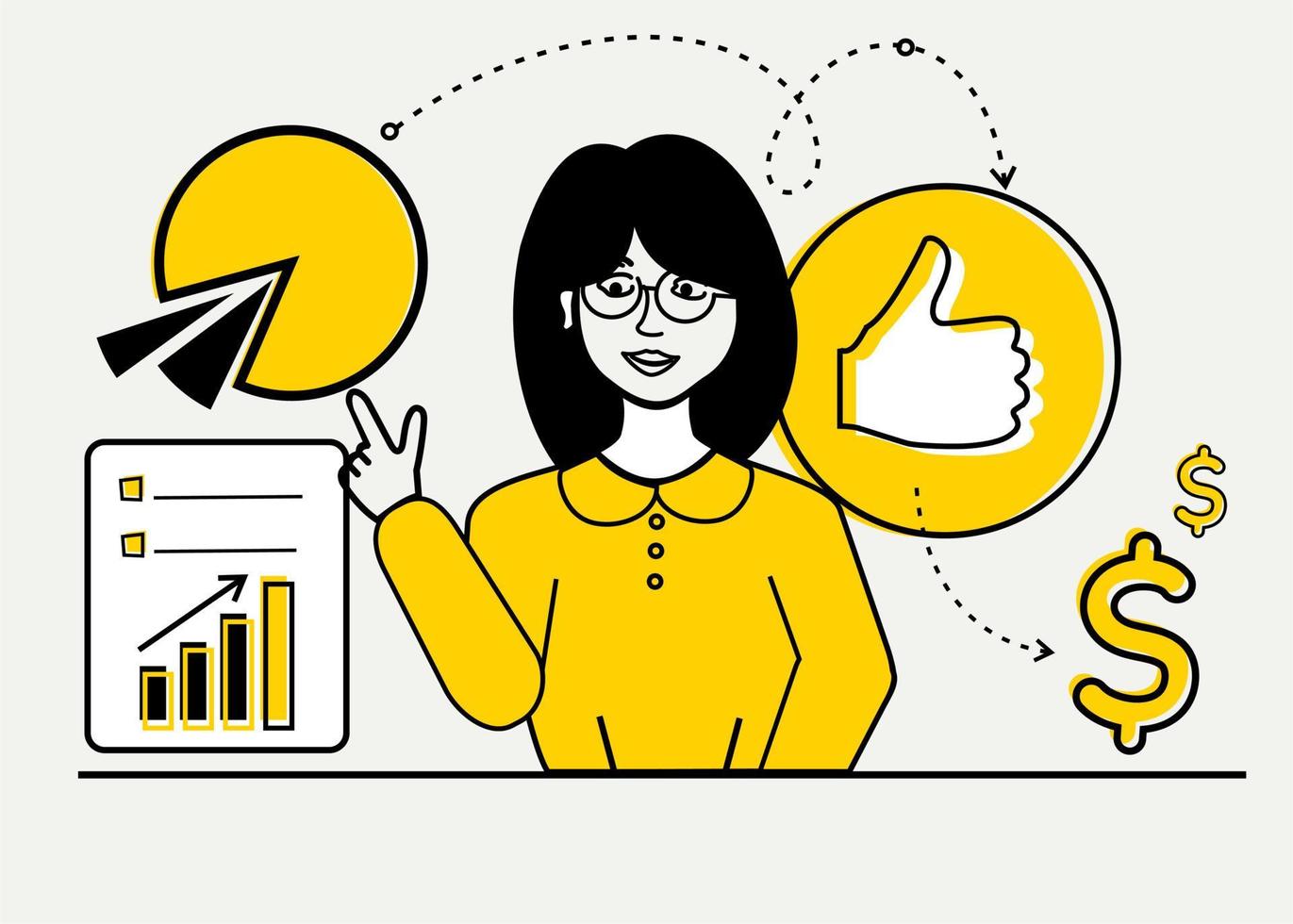 Ilustración de vector de estrategia de marketing en amarillo y negro la chica detrás del proceso mental