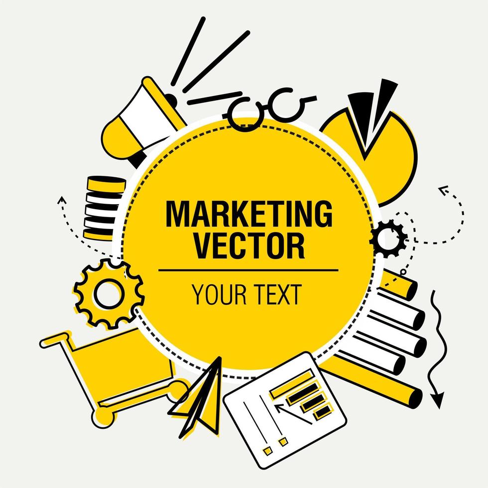 Ilustración de vector de estrategia de marketing en amarillo y negro la chica detrás del proceso mental