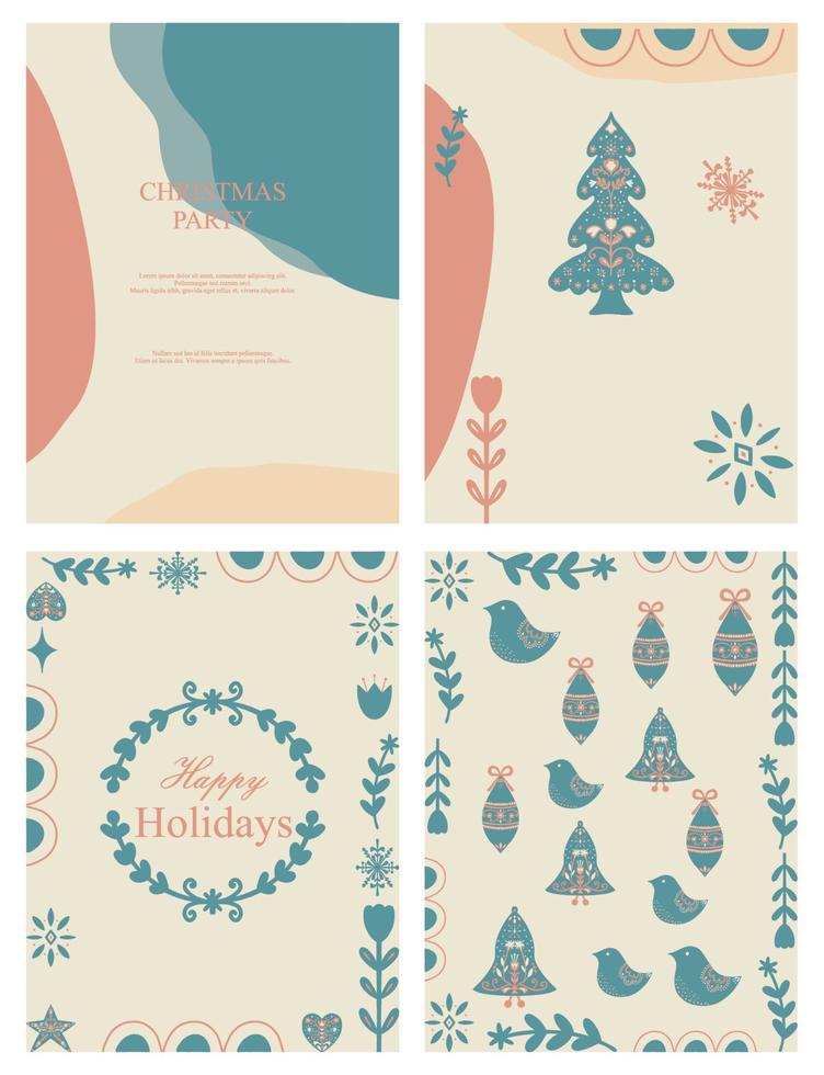 Modern Corporate Holiday cards with Christmas tree, birds, ornate floral frame, background and copy space with color pastel. Universal artistic templates. vector