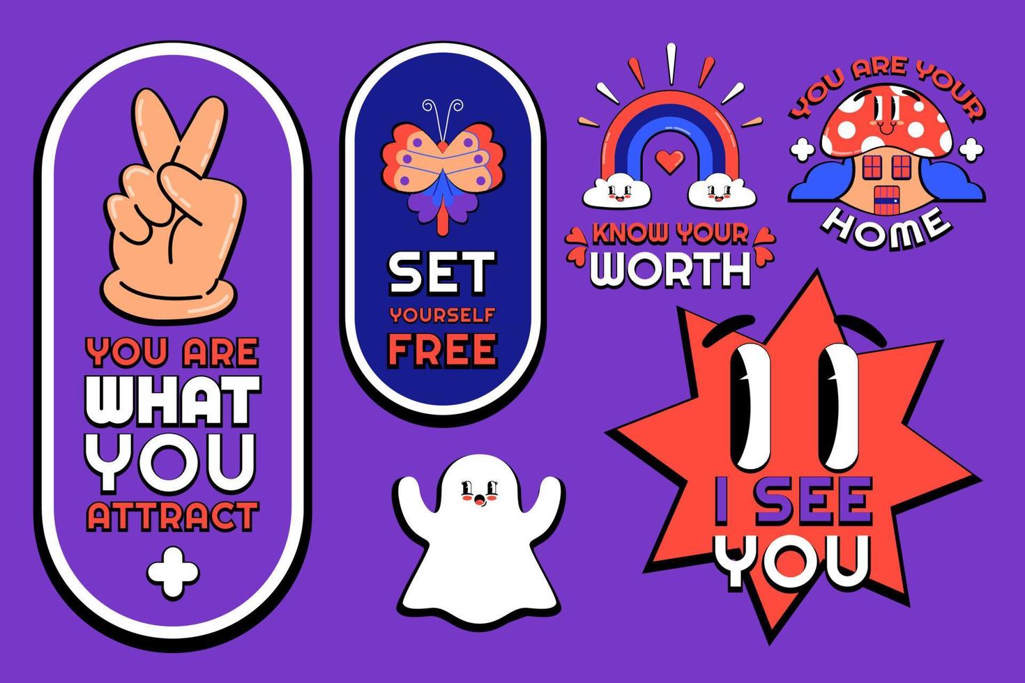 Flat Trendy Cartoon Labels and Badges Collection Vector Design