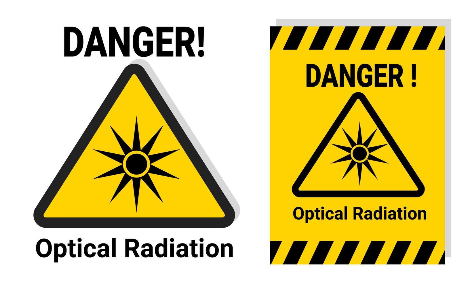 Señal de advertencia de peligro de radiación óptica para seguridad laboral o de laboratorio con etiqueta adhesiva amarilla imprimible para notificación. Ilustración de vector de icono de peligro