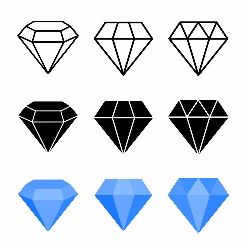 iconos de vector de diamante. estilo negro, lineal y de color. piedras preciosas de joyería abstracta aisladas en blanco. cristales azules. diseño de logotipo de joyería.