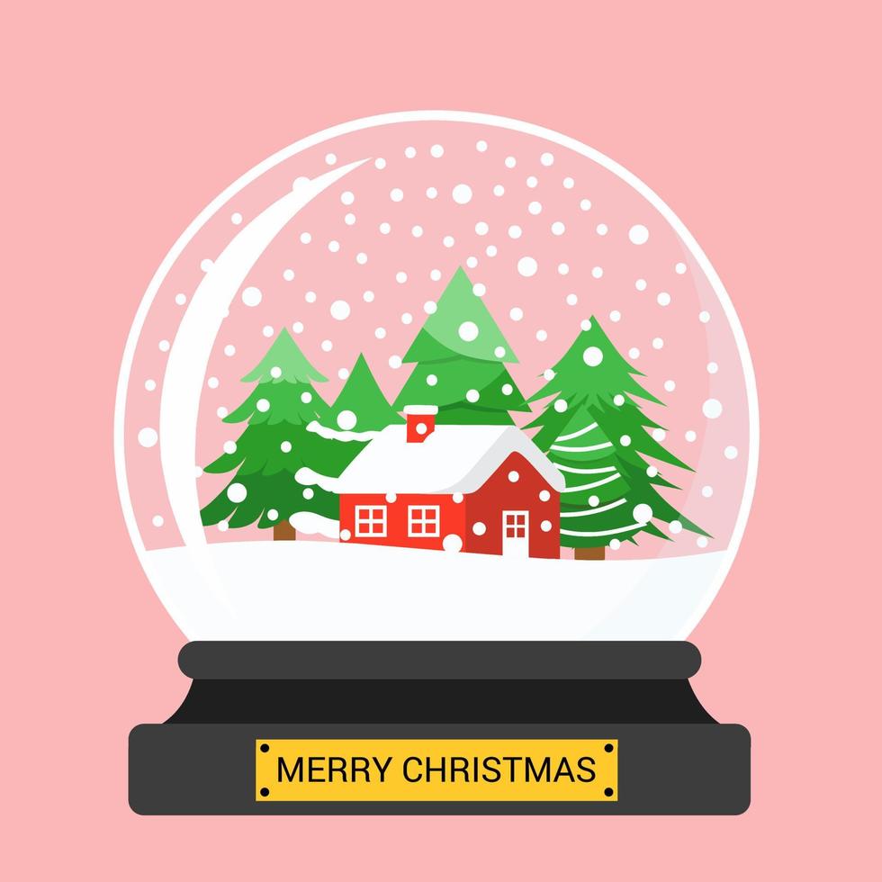 Merry Christmas glass ball with house and pine trees. Vector illustration