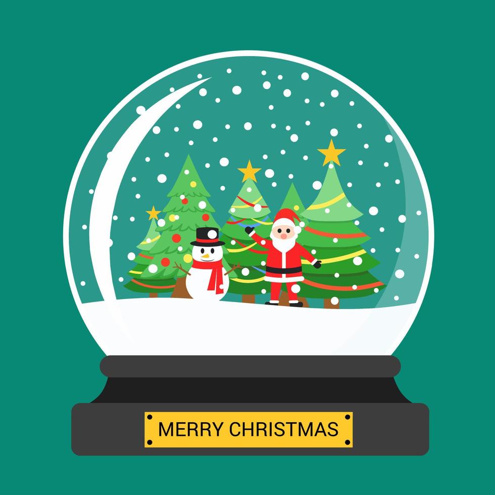 Merry Christmas Glass Ball with Santa Claus and Snowman. Vector illustration