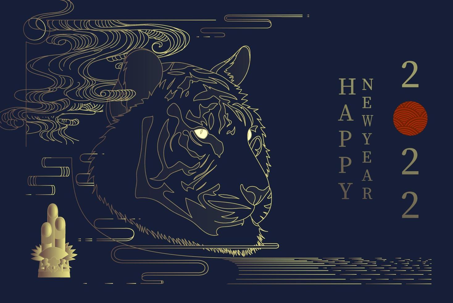 2022 New Year greeting with Zodiac Tiger in line art illustration vector, Year of the tiger design in glamour dark blue night theme vector