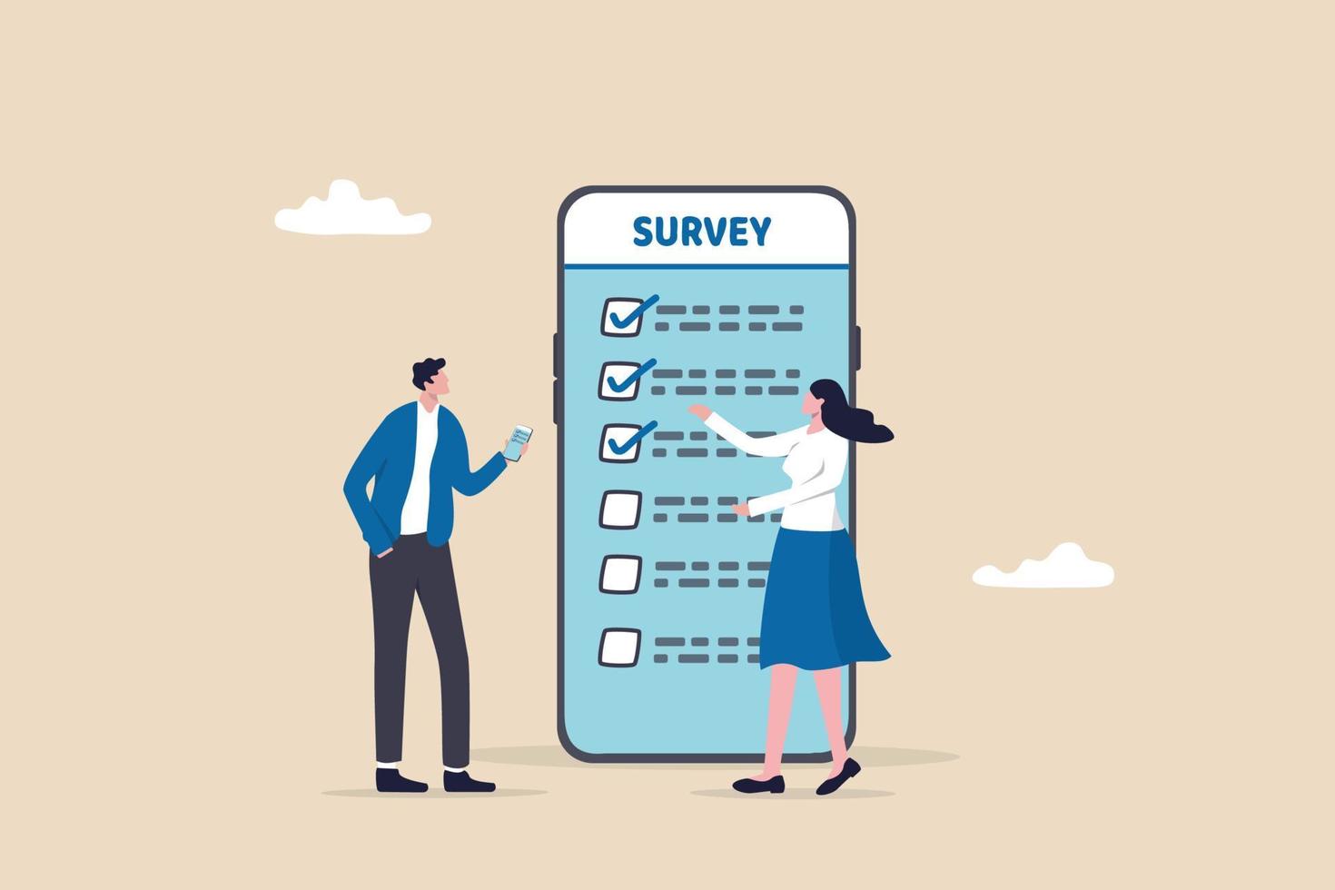 Online survey questionnaire, poll, opinion or customer feedback using internet concept, man and woman using mobile or smartphone to fill in online survey checklist. vector