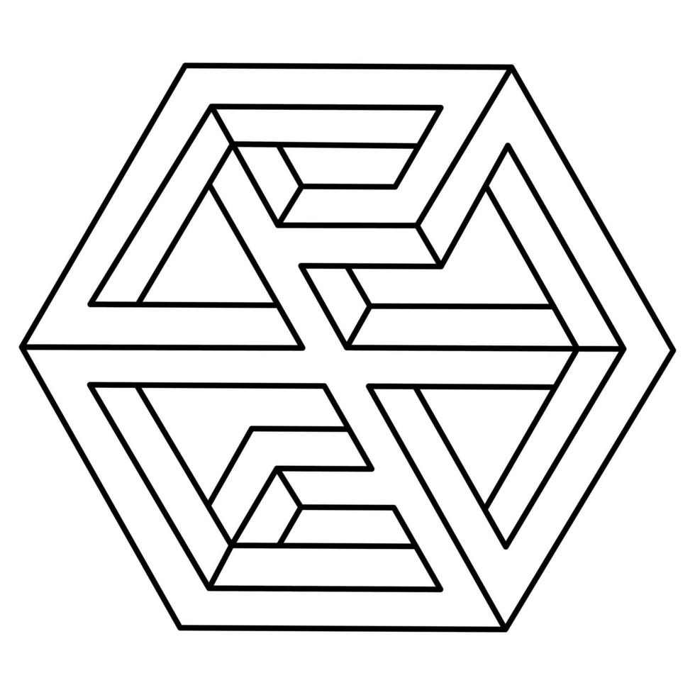 Optical illusion shapes, geometric figures, impossible hexagon. Optical art objects. Line art. vector