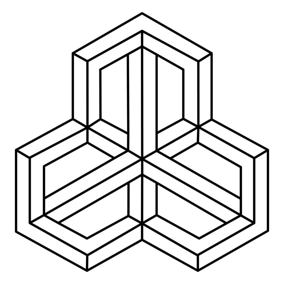 Impossible shape with line art. Optical illusion. Abstract geometric object isolated on a white background. Three dimensional design. Vector illustration.