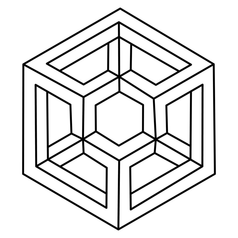 Impossible geometric figure. Optical illusion cube. Isometric object. Vector outline graphic design.