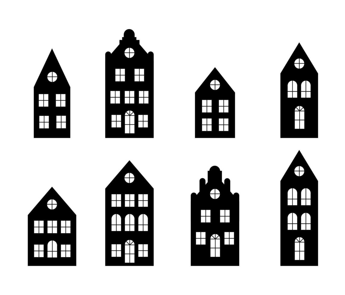 corte laser casas estilo amsterdam. silueta de una hilera de vistas típicas del canal holandés en los países bajos. fachadas estilizadas de edificios antiguos. vector