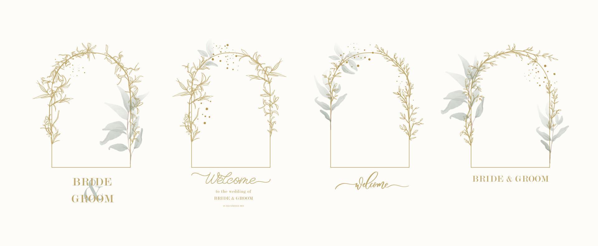 plantilla de diseño de logotipo y concepto de monograma en estilo lineal de moda con arco - marco floral con espacio de copia de texto o letra - emblema de moda, belleza y joyería, invitación de boda, socia. vector